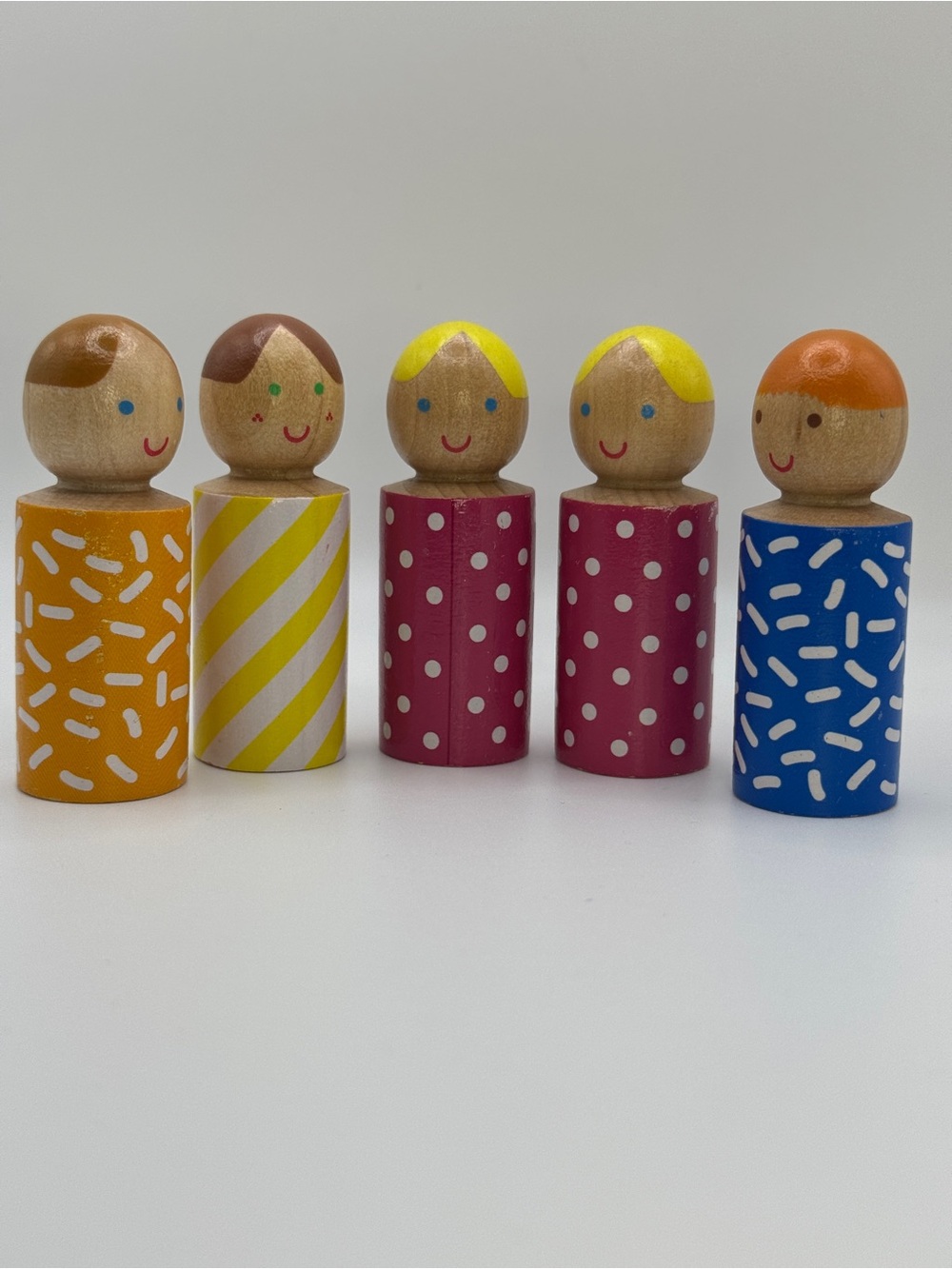 Set of 5 Hand-Painted Wooden Peg Dolls (2.5") - Dots, Stripes & Sprinkles